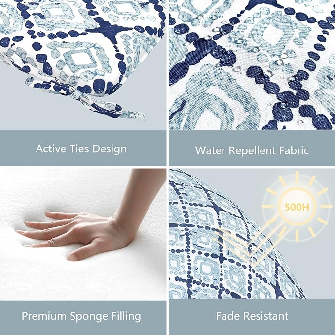 LVTXIII Outdoor Chair Cushions 18.5"x16"x2" Pack of 4, Water-Repellent Square Corner Memory Foam Seat Cushions with Ties for Garden Patio Furniture, Boho Geometry Blue