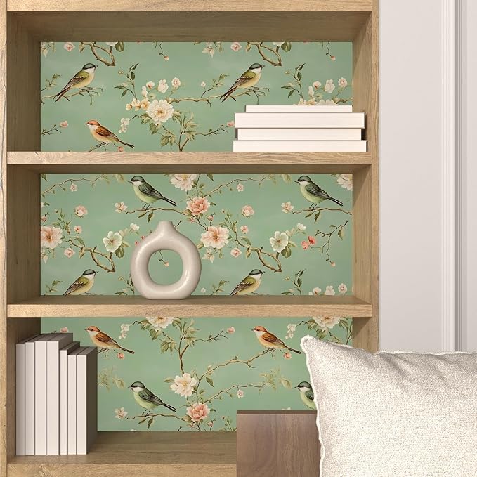 Laatse Green Floral Wallpaper Peel and Stick Bird Wallpaper Pink Flower Contact
