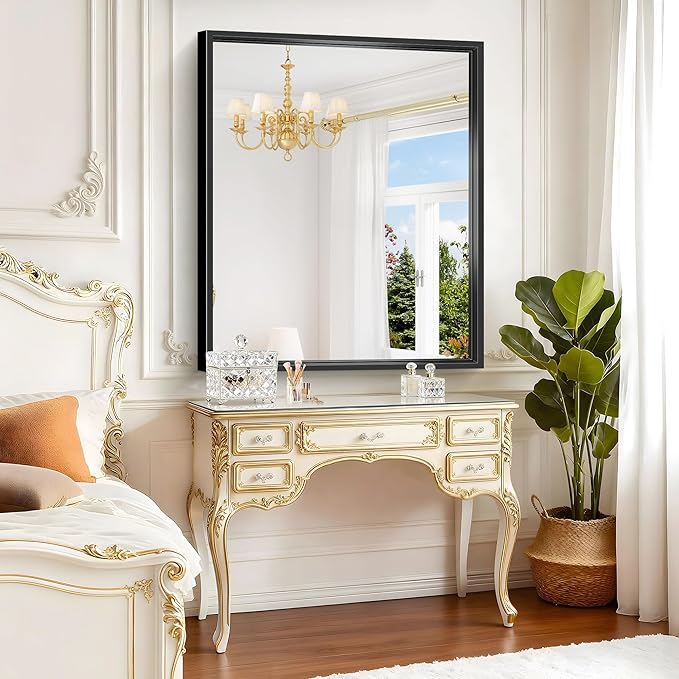 Bathroom Mirror, 42 x 36 Inch Brushed Black Rectangle Mirror, 0.6" Thickened