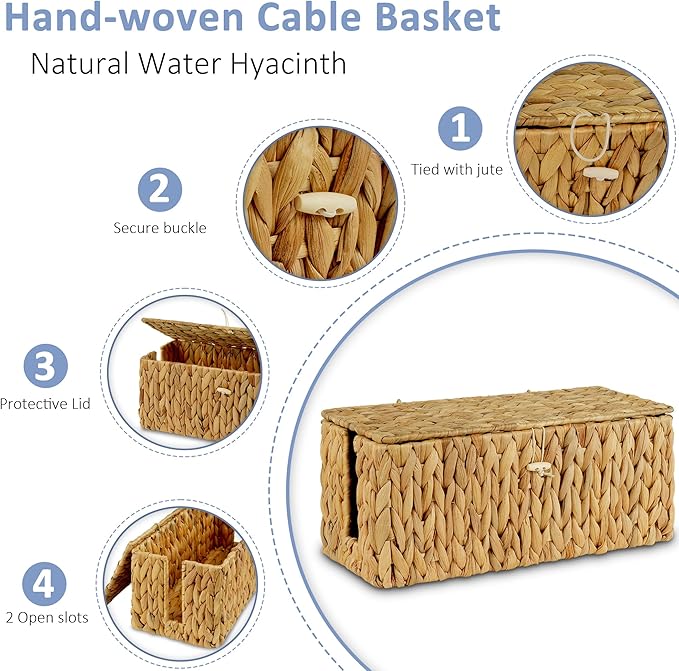 efluky Hand-Woven Cable Management Box with Lid, Water Hyacinth Cord Organizer Box to USB Wire, Power Strip & Charger, 2 Open Slots Cable Box for TV Table, Office Desk & Floor, Natural