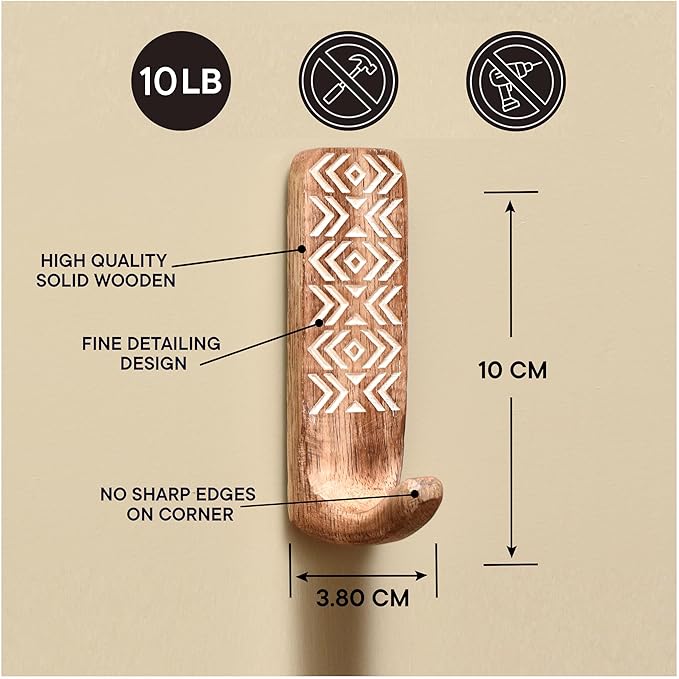 IndianShelf 10 LB- 12 Pieces Decorative Wood Adhesive Wall Hooks–Boho Peel and