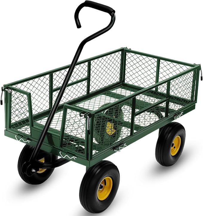 Steel Garden Cart, 2-in-1 Heavy Duty Utility Wagon 900 LBS Capacity Carts with Removable Mesh Sides to Convert into Flatbed, 240Â° U-Turn 10" Pneumatic Tires Garden Wagon for Lawn Camping Farm Yard