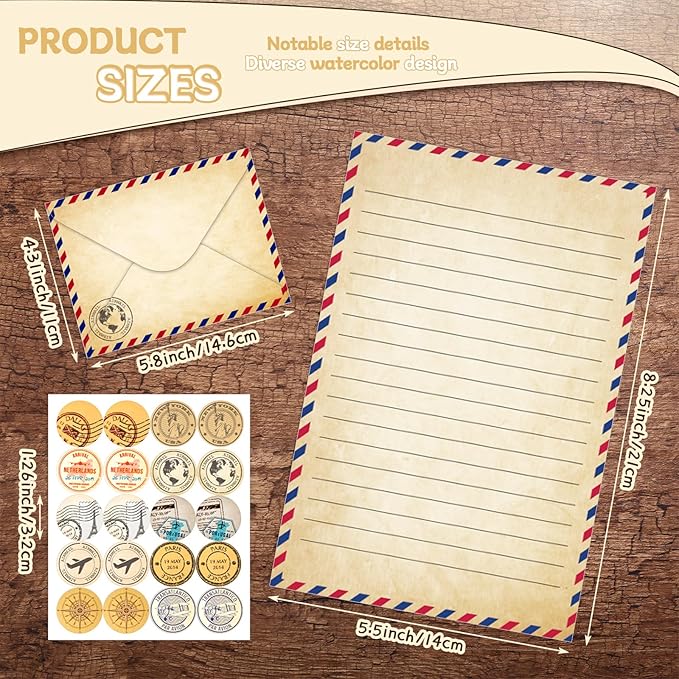 TaoBary 160 Pcs Stationery Paper Set 50 Double Sided Stationery Papers with 50 Matching Envelopes and 60 Round Dot Sticker, 10 Design(Vintage Airmail,5.5 x 8.25 Inch)