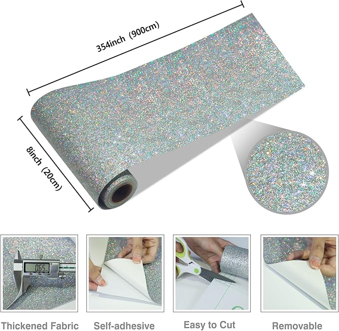 CRE8TIVE Silver Holographic Glitter Wallpaper Border Peel and Stick Wall