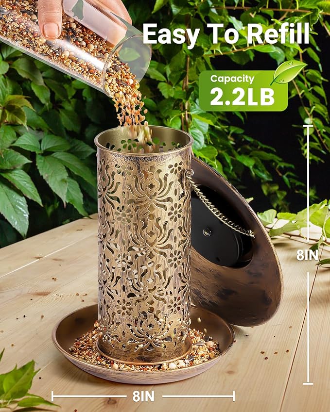 SWEETFULL Solar Bird Feeder for Outdoors Hanging, Metal Wild Bird Feeder for Cardinals Solar Garden Lantern with S Hook as Gift Ideas for Bird Lovers (2LBs Heavy Duty Weather Resistance birdfeeders)
