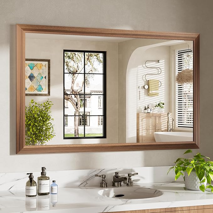 48x30 Inch Bathroom Mirror for Wall, Anti-Rust Walnut Wood Grain Metal Framed