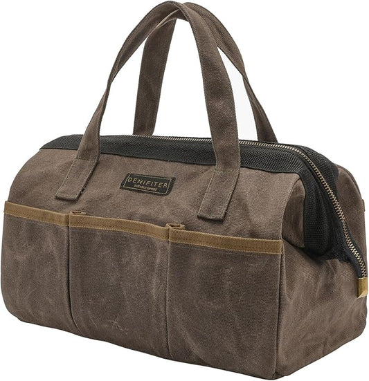 Tool Bag, 13-inch Heavy Duty 16oz Waxed Canvas Wide Mouth Water-Resistant Tool Pouch, Tool Tote with Handle for Tools, Wrenches, Screwdrivers (13 X 7.8 X 9 inch) | Grey