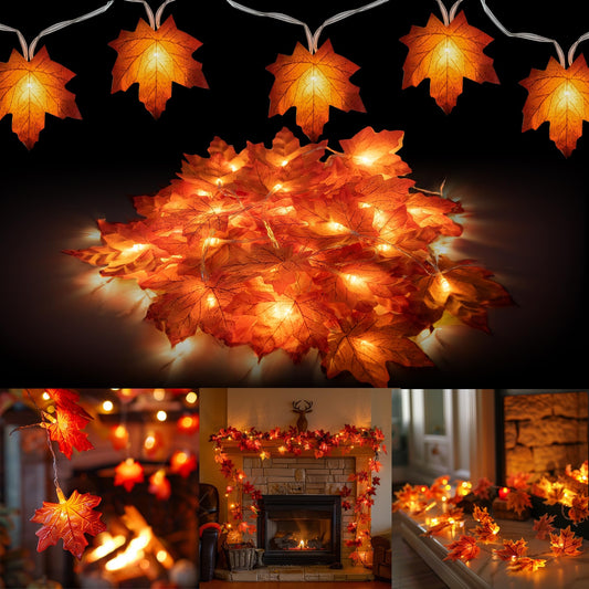 Dazzle Bright Maple Leaf String Lights, 40FT, 80 LED, Battery Operated, 4 Pack, Orange, Fall Thanksgiving Indoor Outdoor Decor