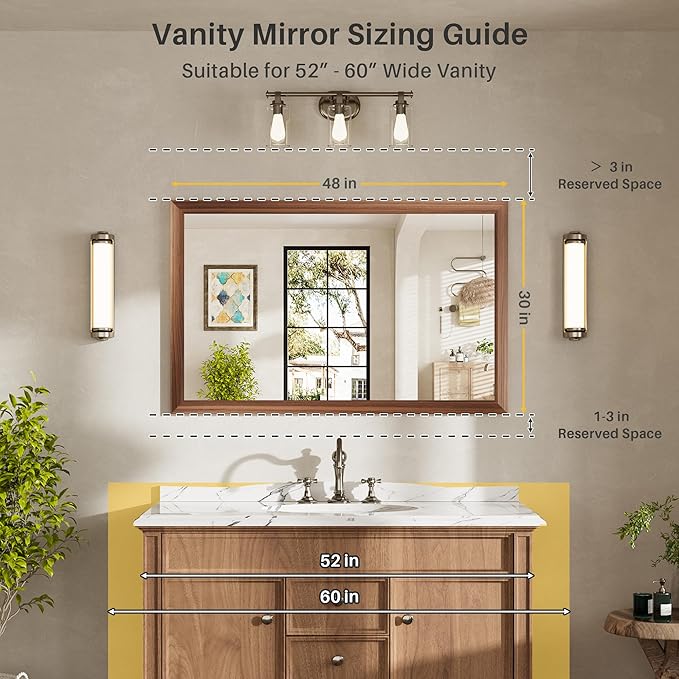 48x30 Inch Bathroom Mirror for Wall, Anti-Rust Walnut Wood Grain Metal Framed