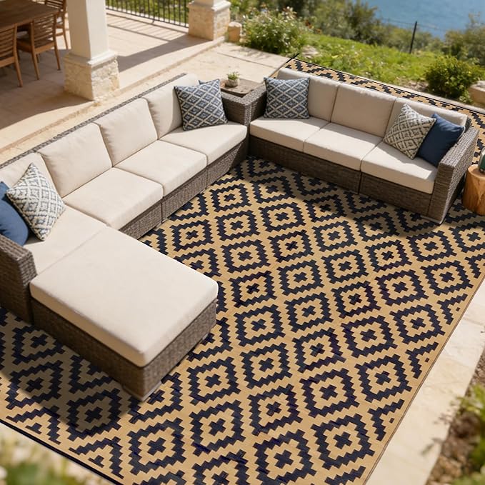 SAND MINE Reversible Mats, Plastic Straw Rug, Modern Area Rug, Large Floor Mat and Rug for Outdoors, RV, Patio, Backyard, Deck, Picnic, Beach, Trailer, Camping, Black & Brown, 10' x 20'