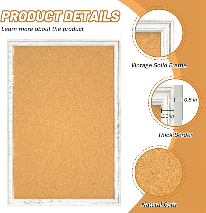 White Cork Board for Wall, 36 x 24 inches Decorative Bulletin Board, Rustic