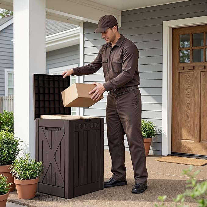 Flamaker 50 Gallon Deck Box, Package Delivery Box for Outside, Outdoor Package Drop Container for Gifts, Waterproof Plastic Storage Container with Lockable Secure for Porch (Deep Brown)