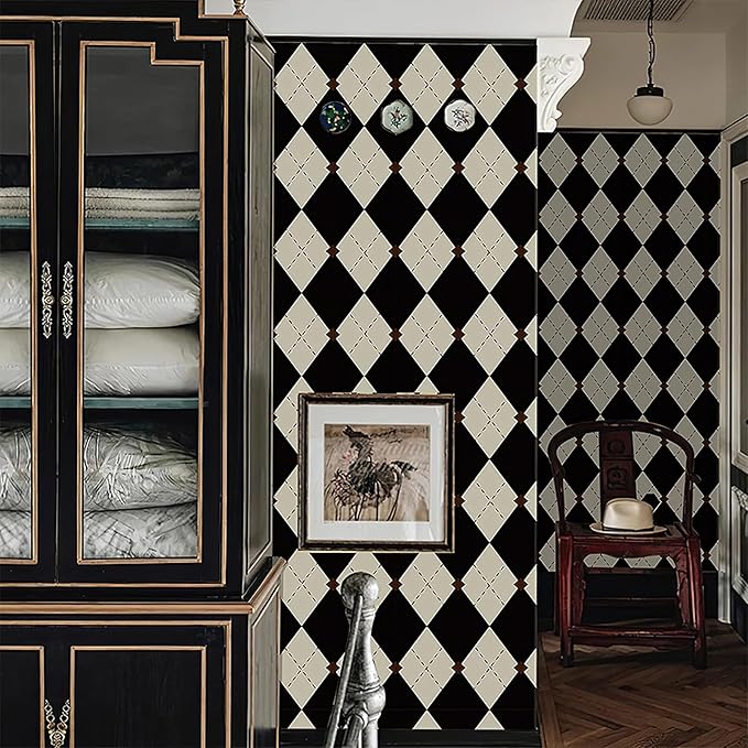Simon&Siff Retro Checkered Peel and Stick Wallpaper Black and White Cream