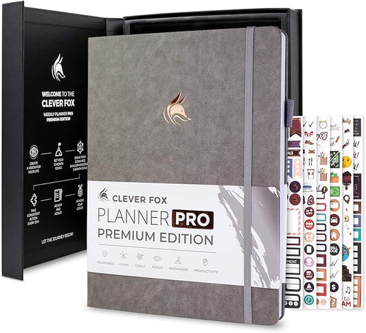Clever Fox Planner Pro Premium – Luxurious Weekly & Monthly Planner with Budget Organizer for Productivity & Goals, Undated, A4 (Gray)
