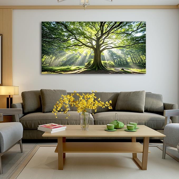 JLXART Nature Canvas Large Art Spring Green Tree Wall Art Framed Forest Artwork for Office Wall Decoration Ready to Hang 24x48inch