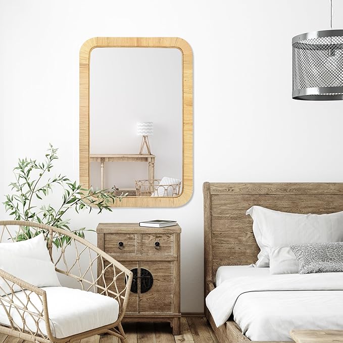 PERFNIQUE Rattan Mirror, Decorative Wall Nursery Decor, Rustic Farmhouse