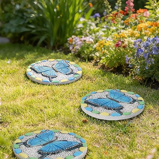 Decorative Butterfly Garden Stepping Stone - Round 10-Inch Concrete, Multi-Colored with Blue Design, Pebble Background for Outdoor Pathways Cynkeyee