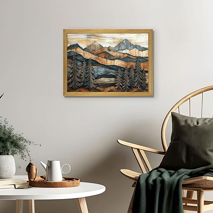 Vintage Boho Mountain Wall Art, Framed Landscape Canvas Wall Art, Nature Forest