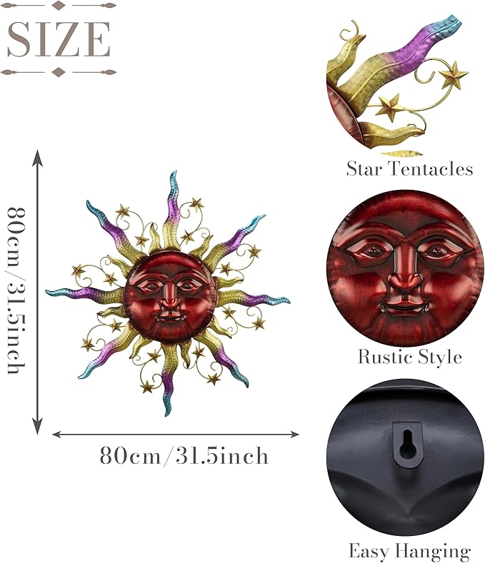 TERESA'S COLLECTIONS Outdoor Sun Metal Wall Art for Outdoor Decor,32" Red Sun Face 3D Wall Decor for Garden Decor,Rustic Retro Hanging Sculpture for Outside indoor Home Patio Farmhouse Gifts for Mom