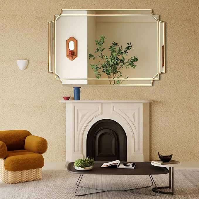 HQiJun Gold Mirror for Wall, Polished Bevelled Rectangle Mirror, Modern