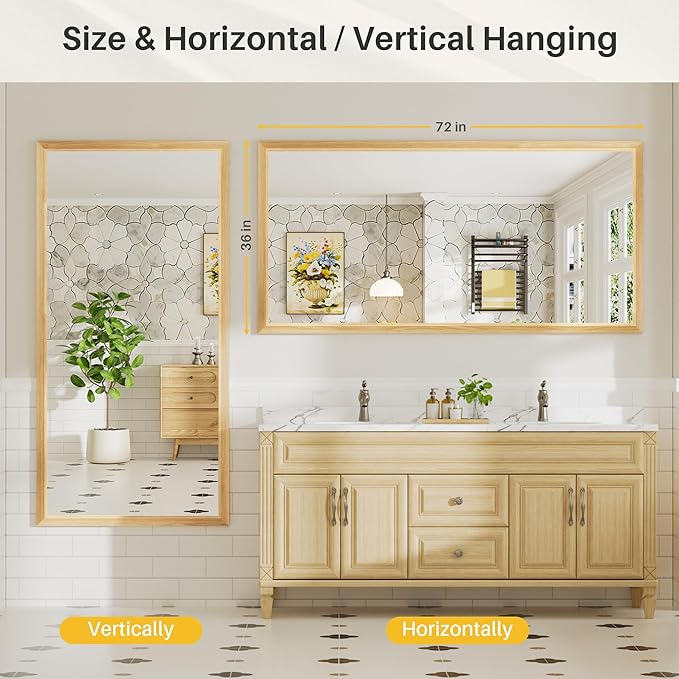 72x36 Inch Bathroom Mirror for Wall, Anti-Rust Oak Wood Grain Metal Framed