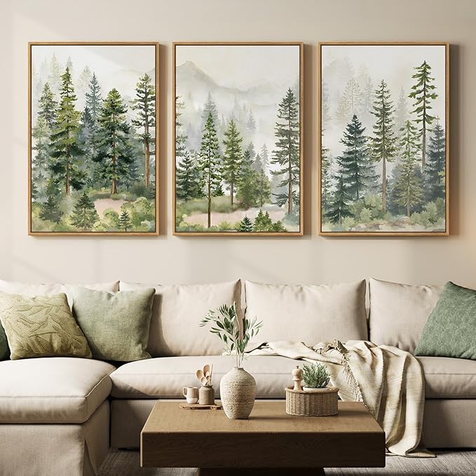 Large Framed Green Forest Landscape Wall Art for Living Room, 3 Piece Nature Pine Tree Woodland Artwork for Walls, White Foggy Mountain Modern Nordic Scenic Bedroom Office Print Wall Decor, 24x36 Inch