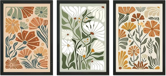 YWJKWLGS Mid Century Boho Wildflower Wall Art Set of 3, 16x24 Inch Black Framed
