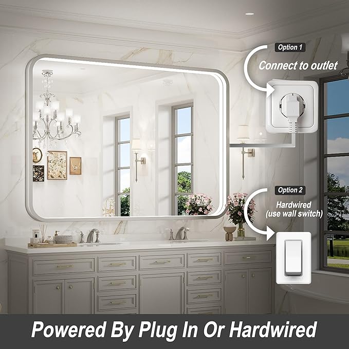 40x30 Inch LED Mirror for Bathroom, Brushed Sliver Metal Frame Lighted Vanity