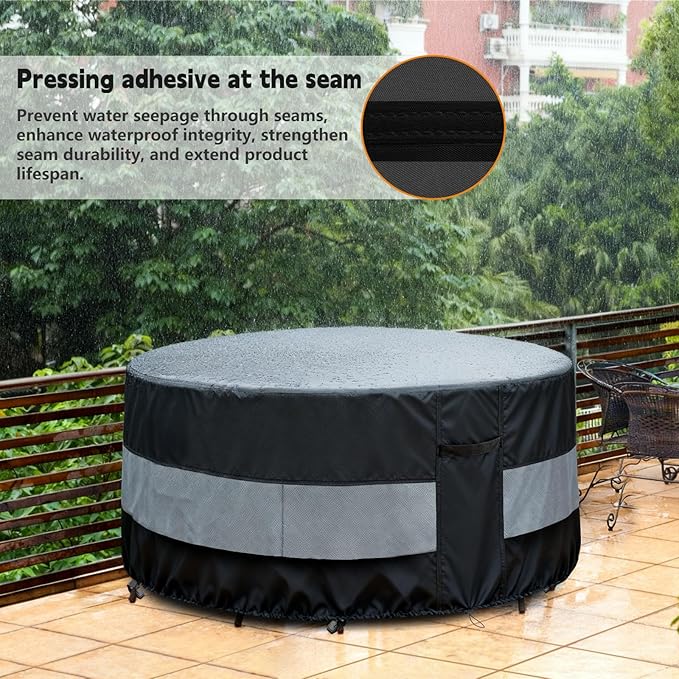 Round Patio Furniture Cover Black Grey Waterproof Up to 10000pa for 32 x 28 Inch Outdoor Round Table Covers