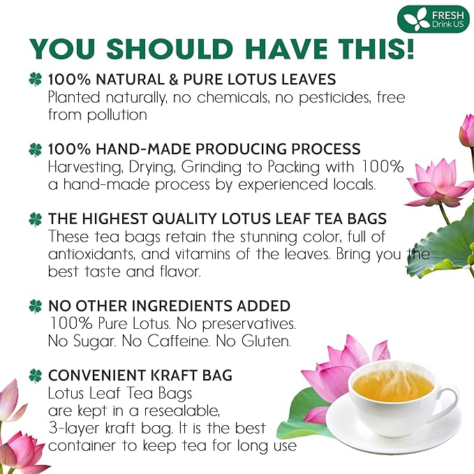 FreshDrinkUS, Premium 75 Lotus Leaf Tea Bags, 100% Natural & Pure from Lotus Leaves. Loose Leaf Lotus Herbal Tea. Made with Eco-Conscious Tea Bags. No Sugar, No Caffeine, No Gluten, Vegan.