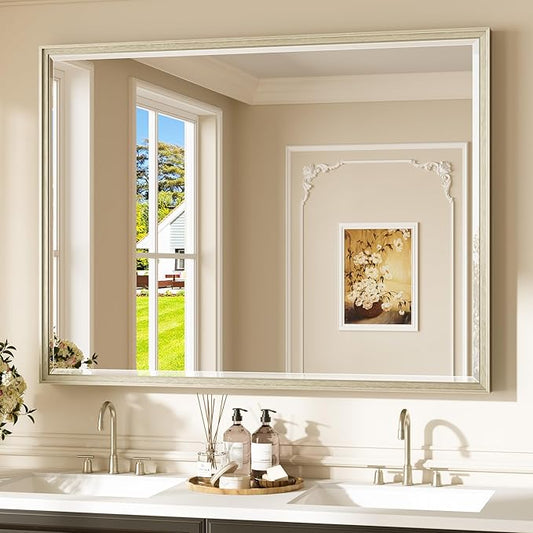Keonjinn 48" x 36" Brushed Nickel Bathroom Vanity Mirror, Decorative Aluminum