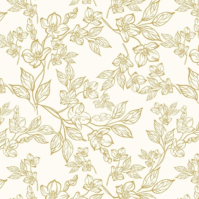 Ismoon Floral Wallpaper Peel and Stick Vintage Flower Beige and Gold Contact