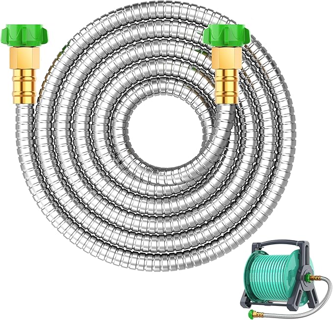 Short Metal Garden Hose 10ft with Female to Female Connectorï¼ Stainless Steel Small Leader Hose for Hose Reel, Long, Flexible, Lightweight & Heavy Duty Water Pipe, Outdoor Water Hose Extension Adapter