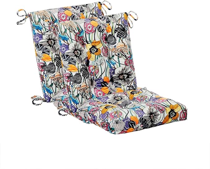 Patio Cushion, Rocking Chair Cushion, Tufted Pads, Set of Upper and Lower with Ties Pack of 2 (2 Sets) - Back 19"Ã16.5", Seat 16.5"Ã16.5" (Black Purple Flowers)