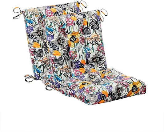 Patio Cushion, Rocking Chair Cushion, Tufted Pads, Set of Upper and Lower with Ties Pack of 2 (2 Sets) - Back 19"Ã16.5", Seat 16.5"Ã16.5" (Black Purple Flowers)