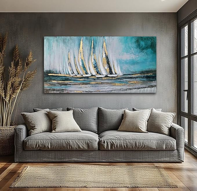 Anolyfi Blue Abstract Canvas Wall Art Teal Ocean Sailboat Picture Modern