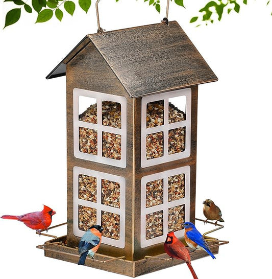 Bird Feeders, Heavy Duty Metal Bird Feeder for Outdoors Hanging, Weatherproof Large Capacity Wild Birdfeeder for Outside Garden Yard, Country House Shape (Vertical)