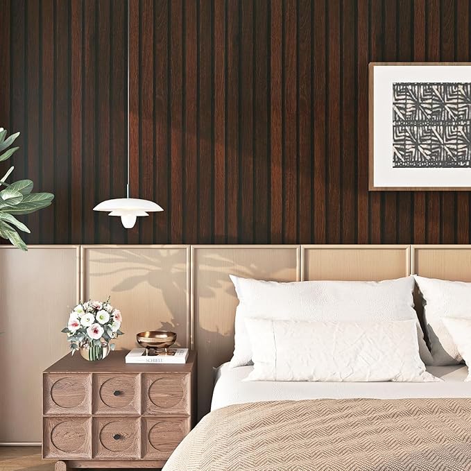 FunStick 36"x200" Dark Brown Slats Wood Peel and Stick Wallpaper Faux 3D Walnut