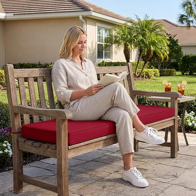 Summsun Outdoor Bench Cushion: Waterproof and Fade Resistant Patio Furniture Cushions - Non-Slip Bench Pad Cushion with Removable Cover for Garden Swing Porch Sofa Settee, 48 x 18 x 3 Inch, Burgundy