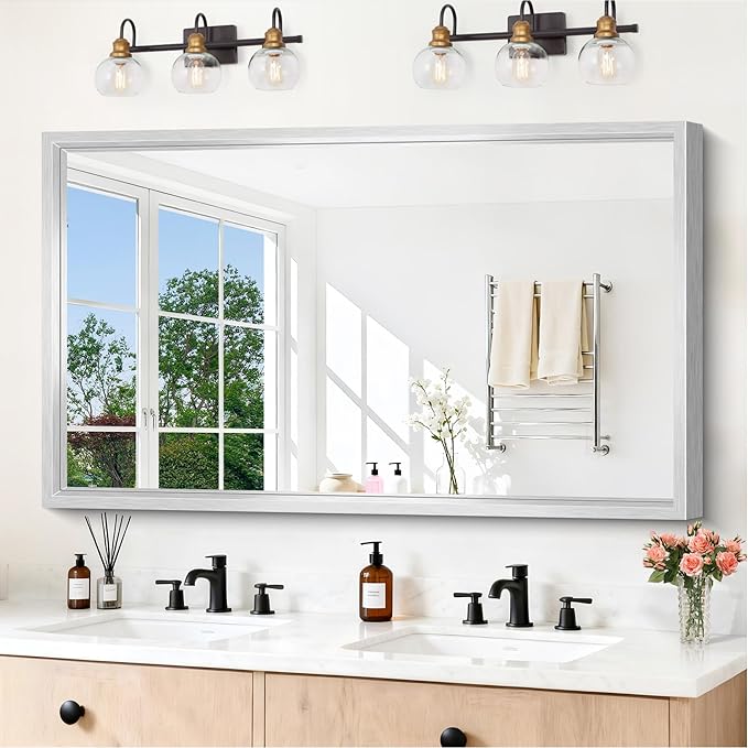 60x36 Inch Brushed Silver Bathroom Mirror, Large Rectangular Mirror