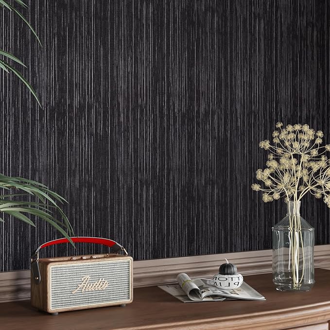 CRE8TIVE Black Grasscloth Peel and Stick Wallpaper Textured Woven Linen Fabric