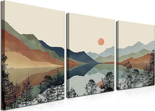 AKWISH Framed Mountain Canvas Wall Art Set of 3, Boho Watercolor Poster Prints