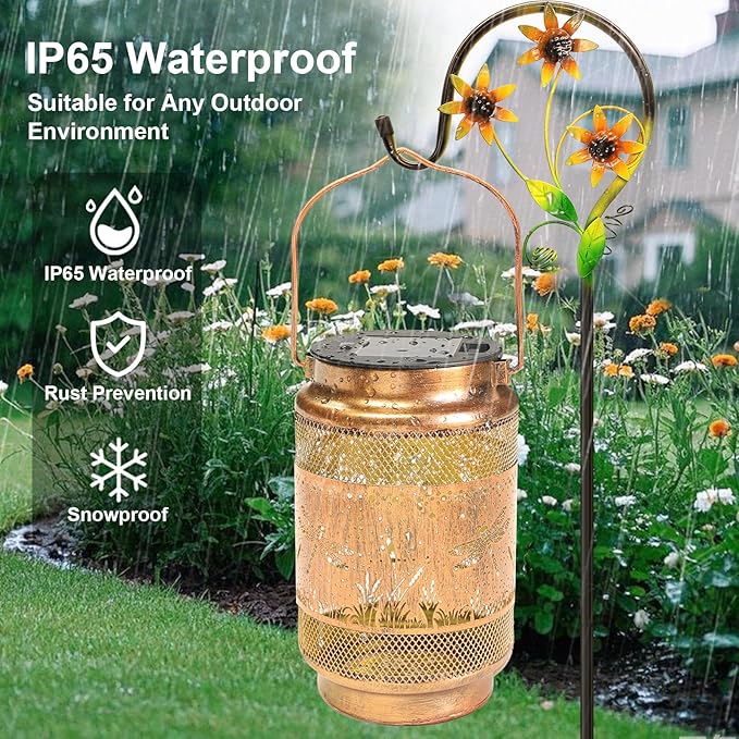 2 Pack Dragonfly Solar Lanterns Outdoor Waterproof Solar Garden Decor, Birthday Gifts for Mothers Day Women Mom Grandma, Metal Hanging Lights with Shepherd Hook for Outside Yard Patio Pathway Porch
