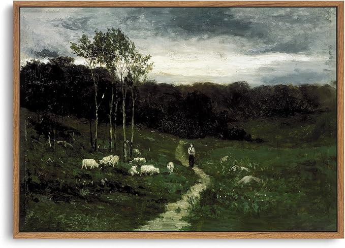 OIQArtOIQ Framed Vintage Landscape Wall Art Shepherd Natural Scenery Oil