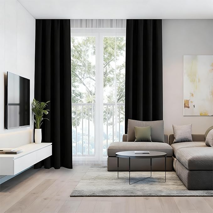 IGEMAEVE Black Blackout Curtains 108 Inch Length 2 Panels Set, Rod Pocket