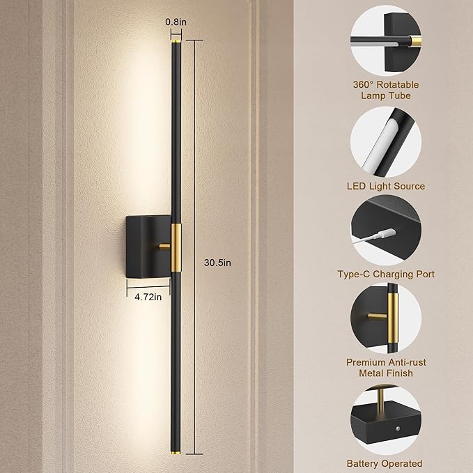 31.5 Inch Battery Operated Wall Sconce Set of Two, 8000mAh USB Rechargeable