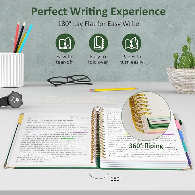 Hardcover Spiral Notebook Journal, 8"x10" Large B5 Notebooks with Removable Dividers Tabs, 300 Pages Leather 5 Subject Notebook College Ruled, Journal for Work School Note, 100 GSM Thick Paper,Green.