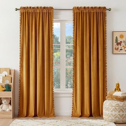NICETOWN Mustard Gold Pom Pom Velvet Curtains 8 ft Long