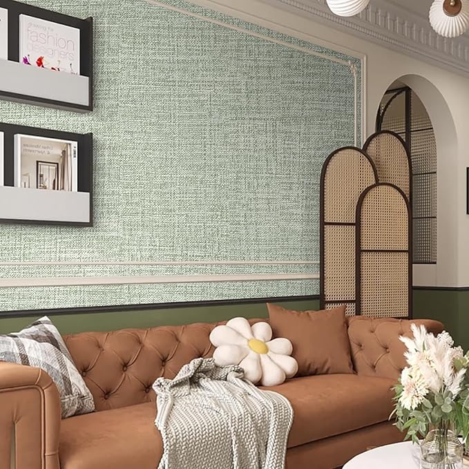 Green Grasscloth Peel and Stick Wallpaper 17.3"x300" Faux Linen Textured