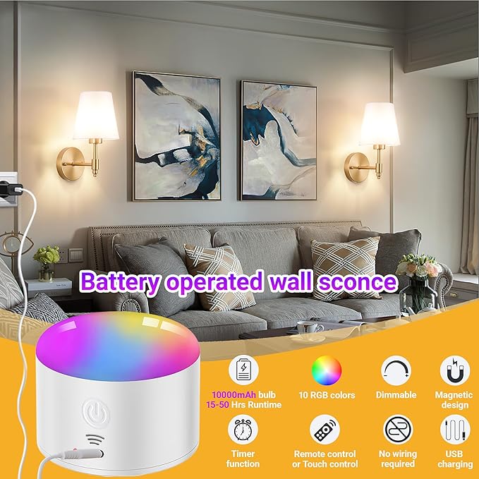 YHCDLAMP Battery Operated Wall Sconces Set of Two, Rechargeable Wireless Wall